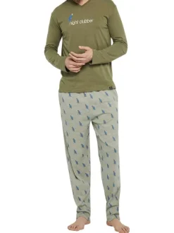 Pyjama long en coton kaki avec une coupe droite et un col V