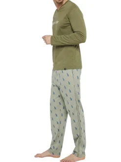 Pyjama long en coton kaki avec une coupe droite et un col V