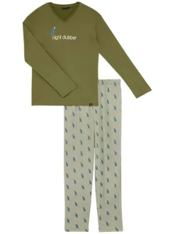 Pyjama long en coton kaki avec une coupe droite et un col V