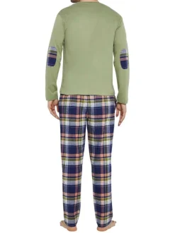 Pyjama long en coton kaki à carreaux avec une coupe droite et un col rond