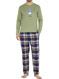 Pyjama long en coton kaki à carreaux avec une coupe droite et un col rond