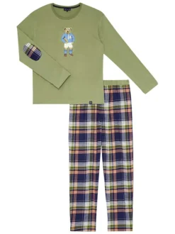 Pyjama long en coton kaki à carreaux avec une coupe droite et un col rond