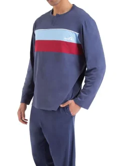 Pyjama Long en coton marine avec une coupe droite et un col tunisien