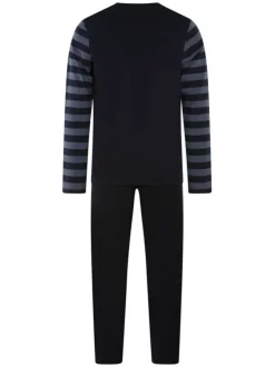 Pyjama long en coton marine avec une coupe droite un col v et des manches rayées
