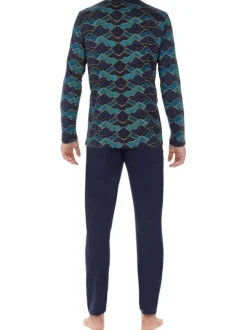 Pyjama long en coton marine avec un imprimé montagne et un col v