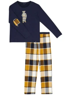Pyjama long en coton marine à carreaux avec une coupe droite et un col rond