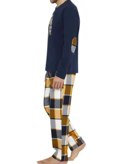 Pyjama long en coton marine à carreaux avec une coupe droite et un col rond
