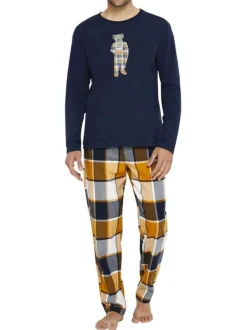 Pyjama long en coton marine à carreaux avec une coupe droite et un col rond