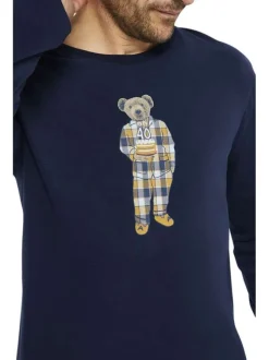 Pyjama long en coton marine à carreaux avec une coupe droite et un col rond