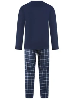 Pyjama long en coton marine à carreaux avec une coupe droite et un col v