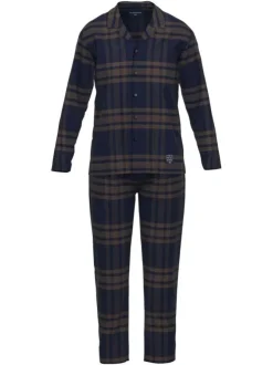 Pyjama Long en coton marine à carreaux coupe ample et un col tailleur