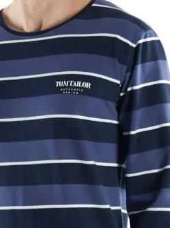 Pyjama Long en coton marine coupe droite avec un col rond et un haut rayé