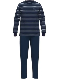 Pyjama Long en coton marine coupe droite avec un col rond et un haut rayé
