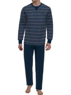 Pyjama long en coton marine coupe droite col rond avec un haut rayé