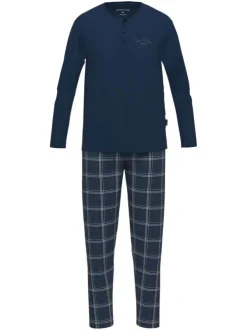 Pyjama long en coton marine coupe droite et col tunisien à fermeture boutonnée