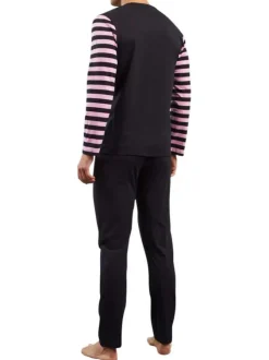 Pyjama Long en coton marine et rayé avec une coupe droite et un col v