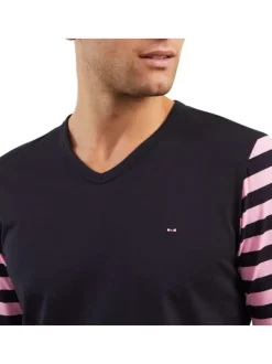 Pyjama Long en coton marine et rayé avec une coupe droite et un col v