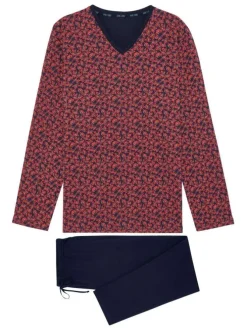 Pyjama long en coton marine fleuri avec une coupe fermée et un col v