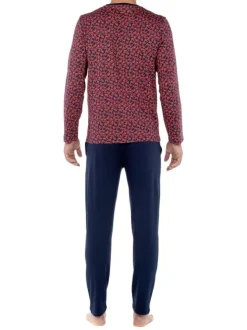 Pyjama long en coton marine fleuri avec une coupe fermée et un col v