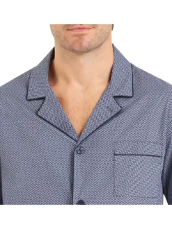 Pyjama long en coton marine imprimé all-over avec coupe droite et col cranté