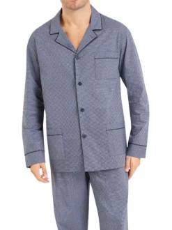 Pyjama long en coton marine imprimé all-over avec coupe droite et col cranté