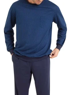 Pyjama long en coton marine imprimé avec une coupe droite et un col rond