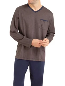 Pyjama long en coton marine imprimé avec une coupe droite et un col V