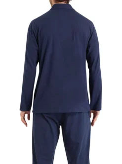 Pyjama long en coton marine imprimé feuille à coupe droite et col cranté