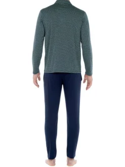 Pyjama long en coton marine imprimé géométrique coupe droite col camp