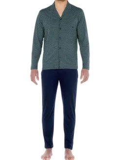 Pyjama long en coton marine imprimé géométrique coupe droite col camp