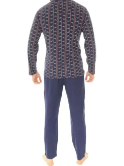 Pyjama long en coton marine imprimé vélo avec une coupe droite et un col v