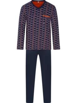 Pyjama long en coton marine imprimé vélo avec une coupe droite et un col v