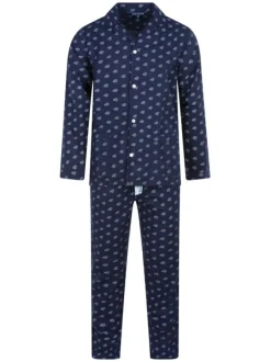 Pyjama long en coton marine imprimé voiture à coupe droite et col cranté