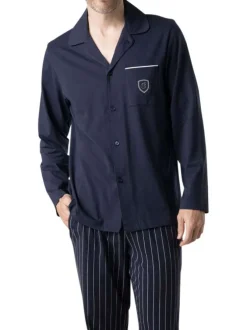 Pyjama long en coton marine à motifs pourvu d'une coupe droite