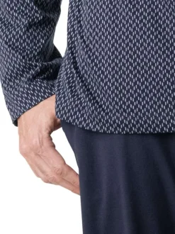 Pyjama long en coton marine à motifs pourvu d'une coupe droite et d'un col v