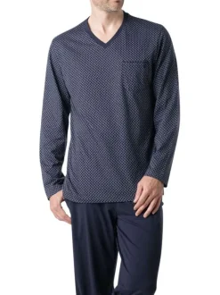 Pyjama long en coton marine à motifs pourvu d'une coupe droite et d'un col v