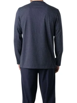 Pyjama long en coton marine à motifs pourvu d'une coupe droite et d'un col v