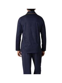 Pyjama long en coton marine à pois avec une coupe ouverte et un col français
