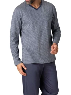 Pyjama long en coton marine quadrillé avec une coupe fermée et un col en V