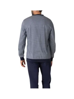 Pyjama long en coton marine quadrillé avec une coupe fermée et un col rond