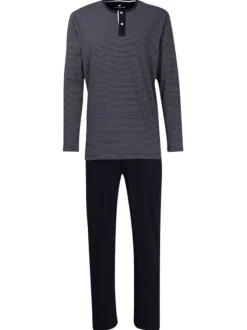 Pyjama Long en coton marine rayé avec une coupe droite et un col tunisien