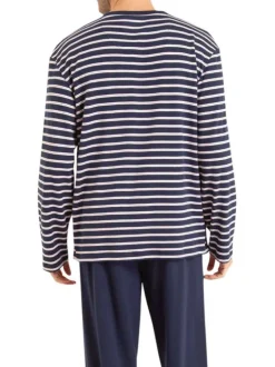 Pyjama long en coton marine rayé avec une coupe droite et un col tunisien