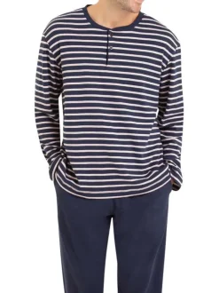 Pyjama long en coton marine rayé avec une coupe droite et un col tunisien
