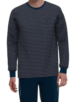 Pyjama long en coton marine rayé coupe ajustée avec un col rond
