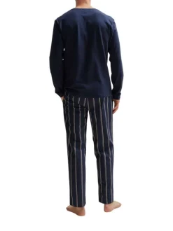 Pyjama Long en coton marine rayé coupe droite avec un col rond