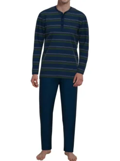 Pyjama long en coton marine rayé coupe droite avec un col tunisien