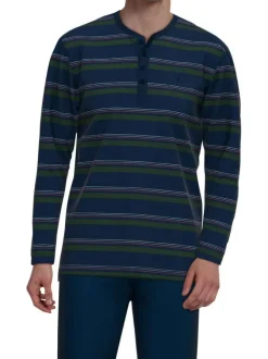 Pyjama long en coton marine rayé coupe droite avec un col tunisien