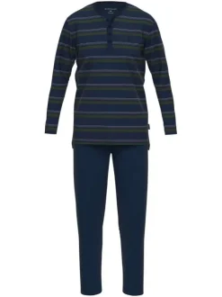 Pyjama long en coton marine rayé coupe droite avec un col tunisien