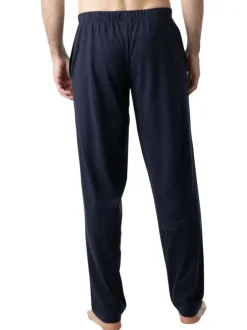 Pyjama long en coton marine à rayures pourvu d'un col v et d'une coupe droite