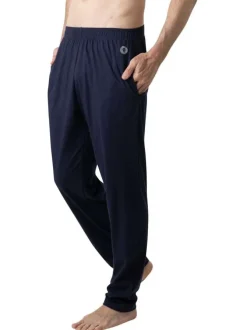 Pyjama long en coton marine à rayures pourvu d'une coupe droite et d'un col v